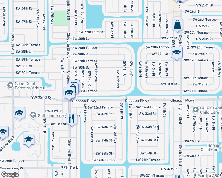 map of restaurants, bars, coffee shops, grocery stores, and more near 1208 Southwest 31st Terrace in Cape Coral