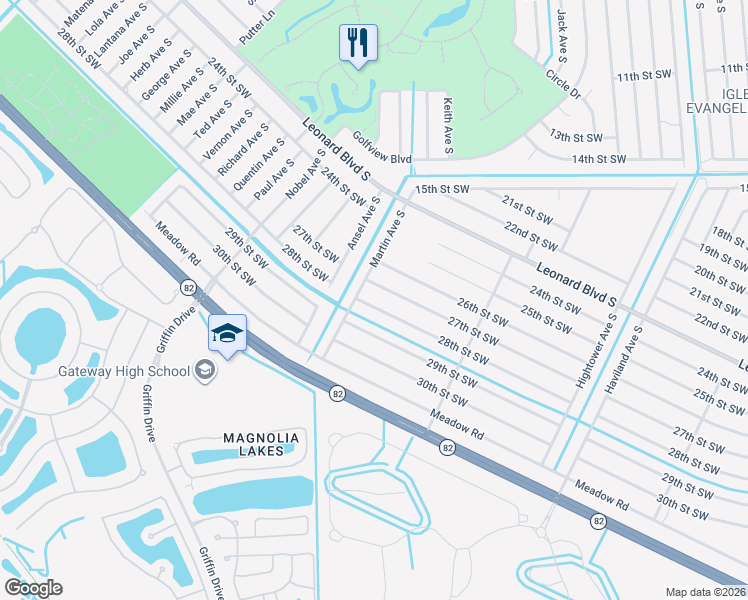 map of restaurants, bars, coffee shops, grocery stores, and more near 4753 28th Street Southwest in Lehigh Acres