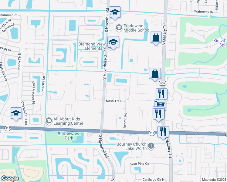 map of restaurants, bars, coffee shops, grocery stores, and more near 5646 Caranday Palm Drive in Greenacres