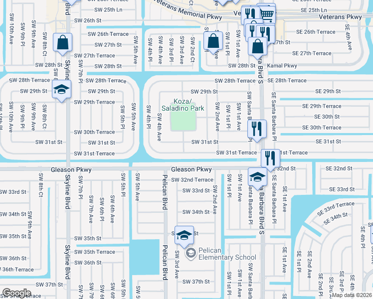 map of restaurants, bars, coffee shops, grocery stores, and more near 241 Southwest 31st Terrace in Cape Coral