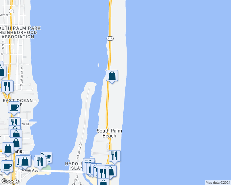 map of restaurants, bars, coffee shops, grocery stores, and more near 3500 South Ocean Boulevard in Palm Beach