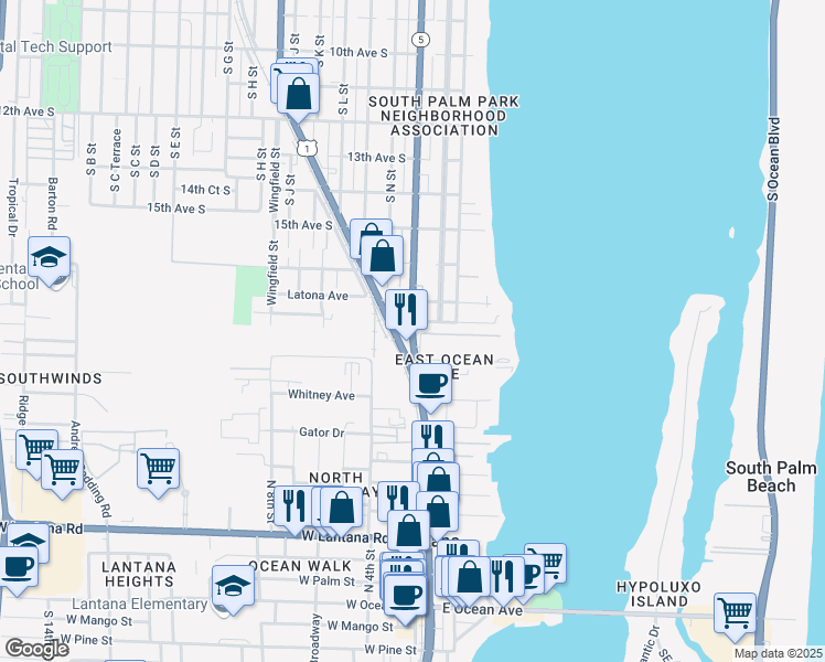 map of restaurants, bars, coffee shops, grocery stores, and more near 100 Waterway Drive South in Lantana