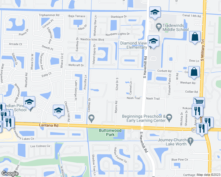 map of restaurants, bars, coffee shops, grocery stores, and more near 5695 52nd Drive South in Greenacres