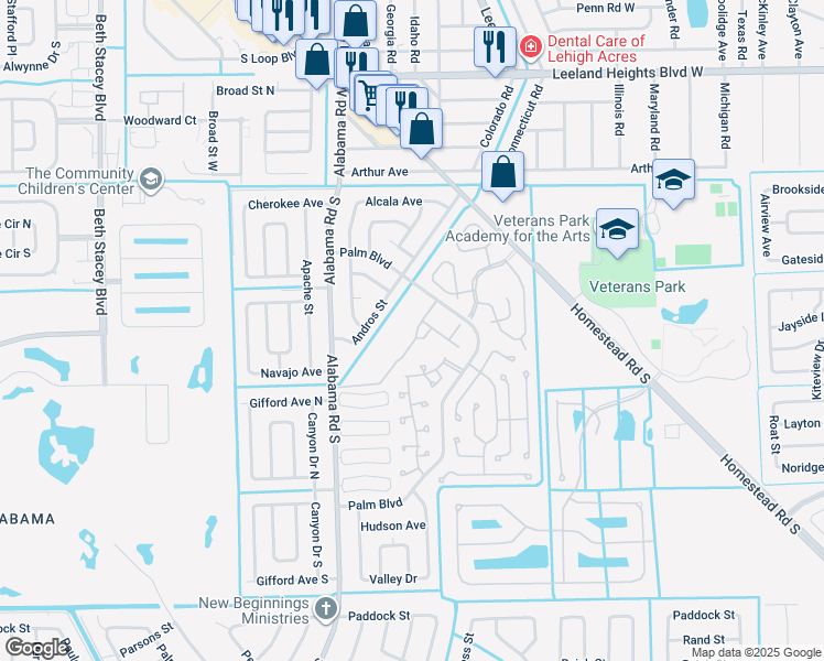 map of restaurants, bars, coffee shops, grocery stores, and more near 10358 Stafford Creek Boulevard in Lehigh Acres
