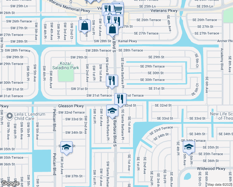 map of restaurants, bars, coffee shops, grocery stores, and more near 106 Southeast 31st Terrace in Cape Coral