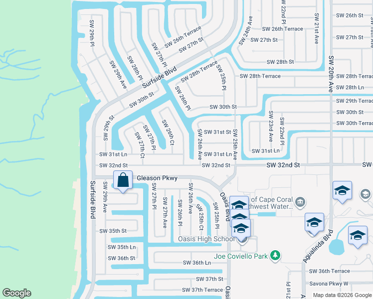 map of restaurants, bars, coffee shops, grocery stores, and more near 3129 Southwest 26th Place in Cape Coral