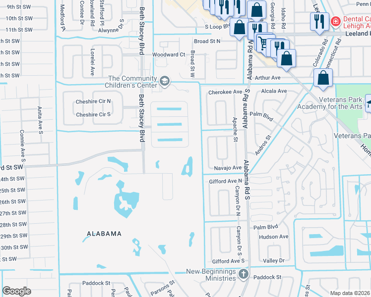 map of restaurants, bars, coffee shops, grocery stores, and more near 9261 Aegean Circle in Lehigh Acres