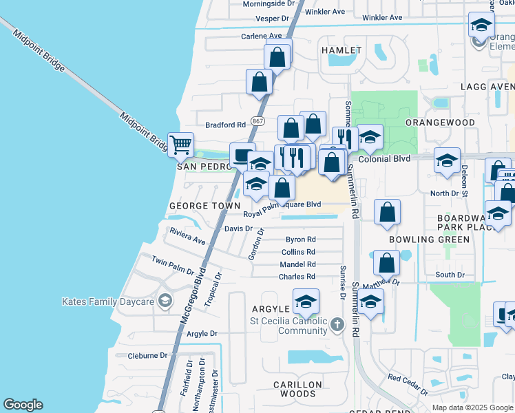 map of restaurants, bars, coffee shops, grocery stores, and more near 1360 Royal Palm Square Boulevard in Fort Myers