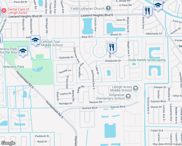 map of restaurants, bars, coffee shops, grocery stores, and more near 216 Richmond Avenue South in Lehigh Acres