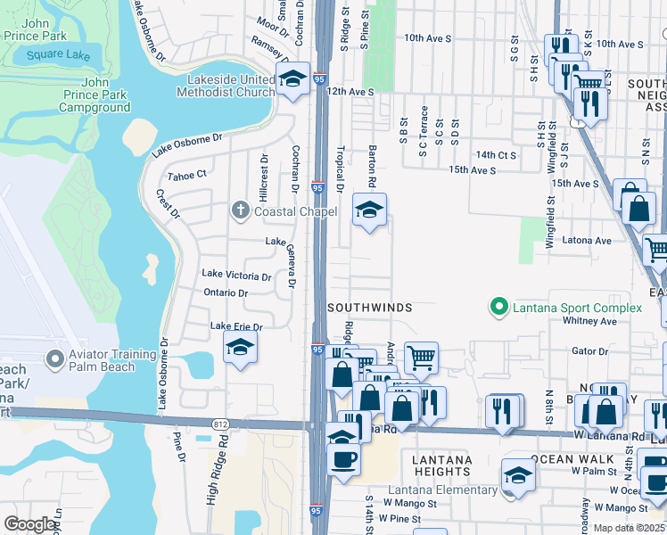 map of restaurants, bars, coffee shops, grocery stores, and more near 1607 Siesta Street in Lantana