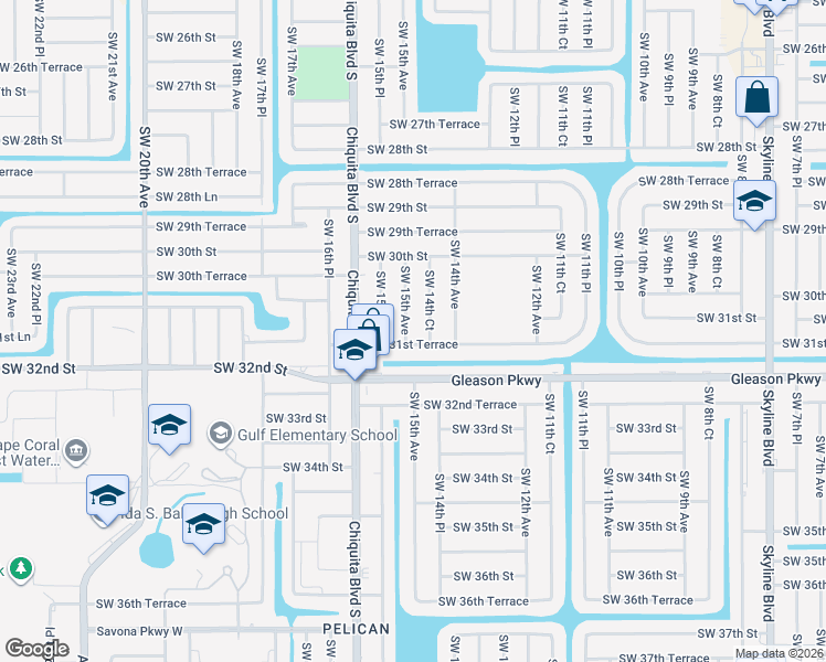map of restaurants, bars, coffee shops, grocery stores, and more near 1428 Southwest 31st Terrace in Cape Coral