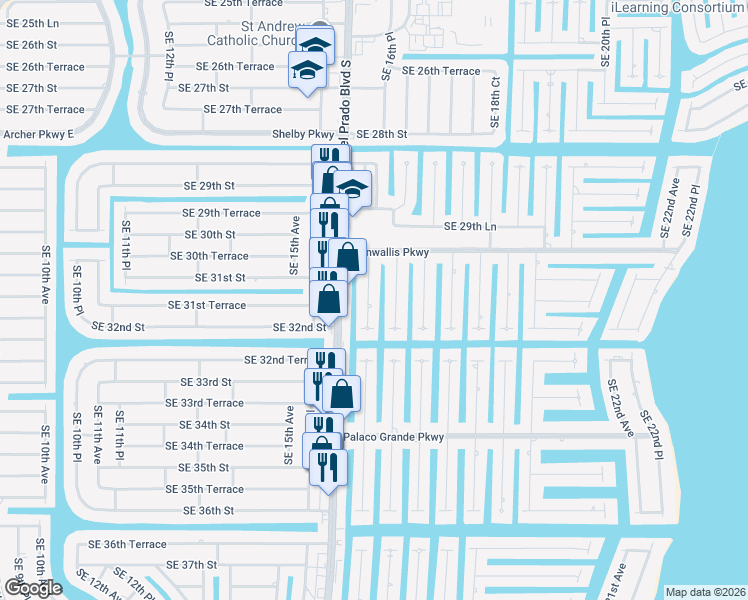 map of restaurants, bars, coffee shops, grocery stores, and more near 3105 Southeast 16th Place in Cape Coral
