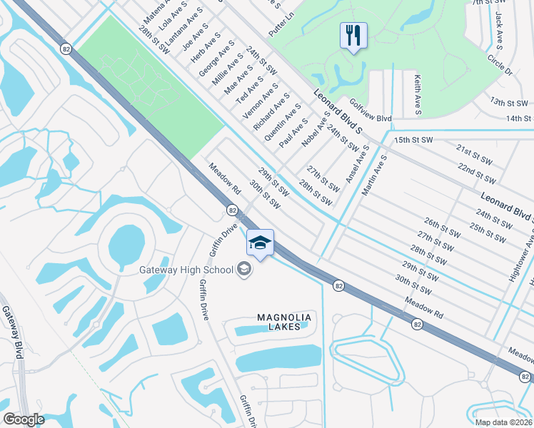 map of restaurants, bars, coffee shops, grocery stores, and more near 618 Meadow Road in Lehigh Acres