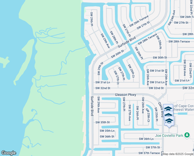 map of restaurants, bars, coffee shops, grocery stores, and more near 3114 Southwest 29th Avenue in Cape Coral