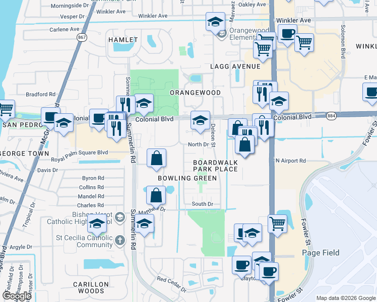 map of restaurants, bars, coffee shops, grocery stores, and more near 1631 North Drive in Fort Myers