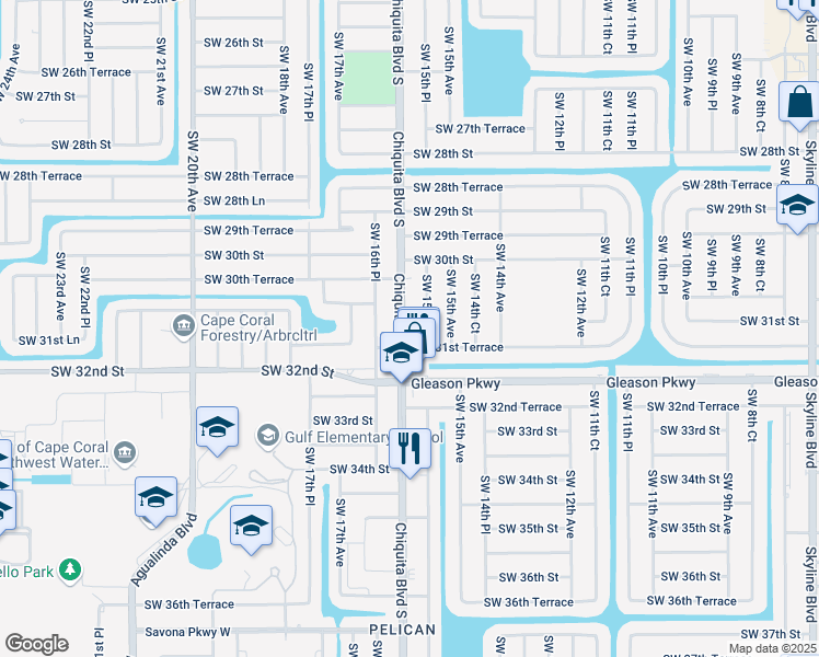 map of restaurants, bars, coffee shops, grocery stores, and more near 3031 Chiquita Boulevard South in Cape Coral