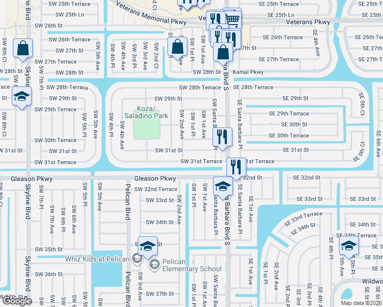 map of restaurants, bars, coffee shops, grocery stores, and more near 131 Southwest 31st Street in Cape Coral