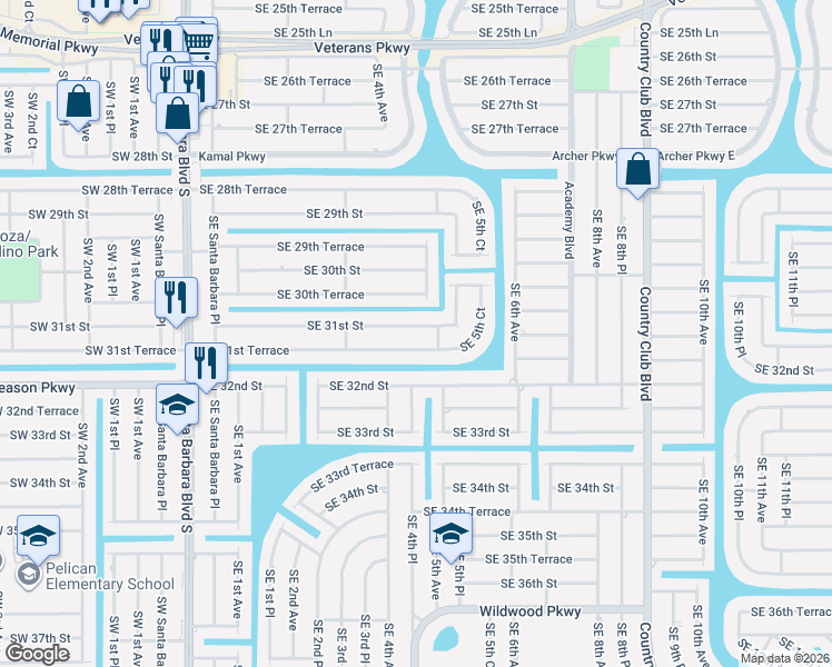 map of restaurants, bars, coffee shops, grocery stores, and more near 405 Southeast 31st Street in Cape Coral