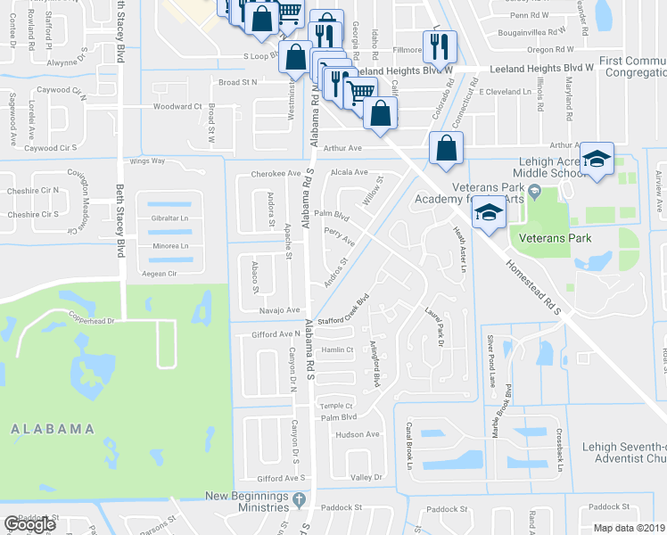map of restaurants, bars, coffee shops, grocery stores, and more near 120 Alcala Avenue in Lehigh Acres