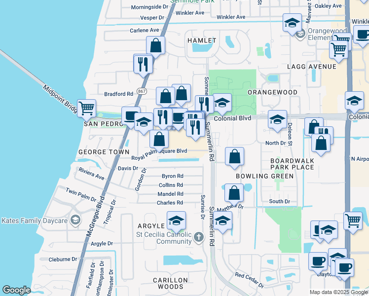 map of restaurants, bars, coffee shops, grocery stores, and more near 1400 Colonial Boulevard in Fort Myers