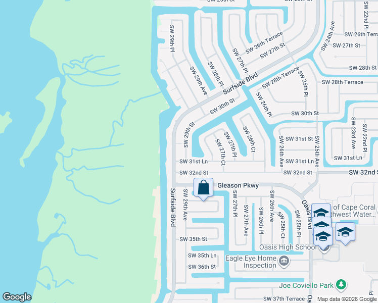 map of restaurants, bars, coffee shops, grocery stores, and more near 3114 Southwest 29th Avenue in Cape Coral