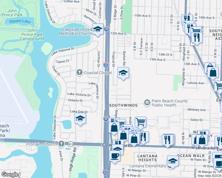 map of restaurants, bars, coffee shops, grocery stores, and more near 1772 South Road in Lake Worth