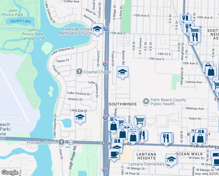 map of restaurants, bars, coffee shops, grocery stores, and more near 1772 South Road in Lake Worth