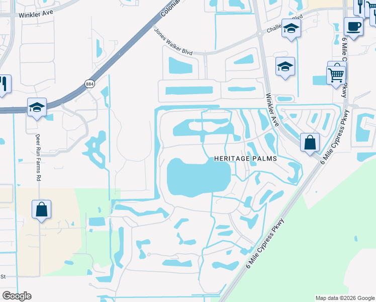 map of restaurants, bars, coffee shops, grocery stores, and more near I Queen Palm Lane in Fort Myers