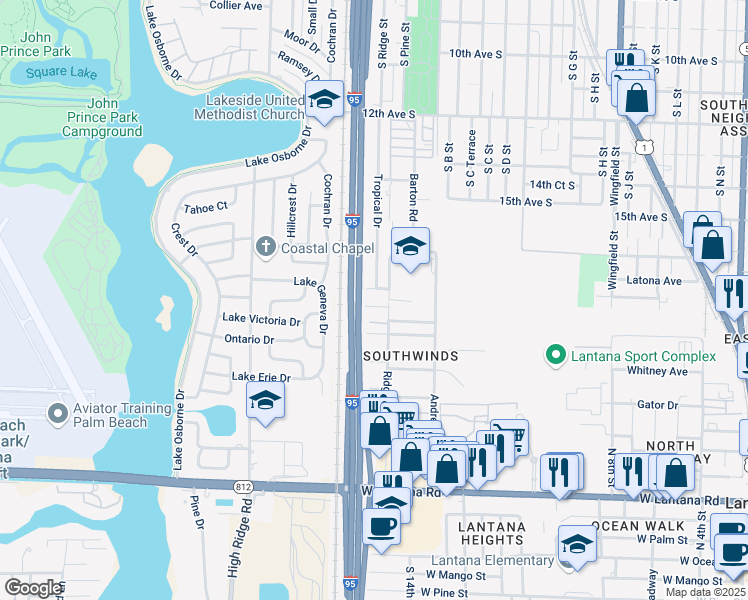 map of restaurants, bars, coffee shops, grocery stores, and more near 1772 South Road in Lake Worth