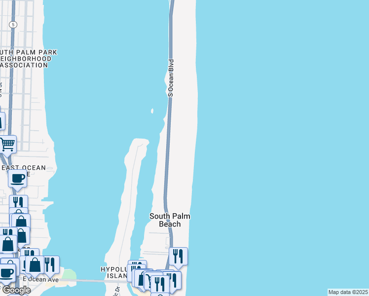 map of restaurants, bars, coffee shops, grocery stores, and more near 3460 South Ocean Boulevard in Palm Beach