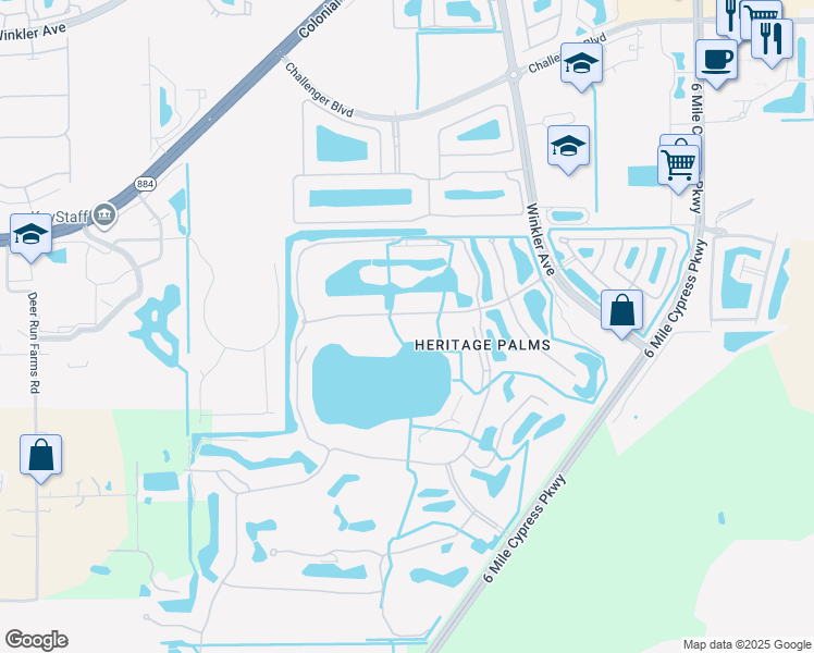 map of restaurants, bars, coffee shops, grocery stores, and more near I Queen Palm Lane in Fort Myers