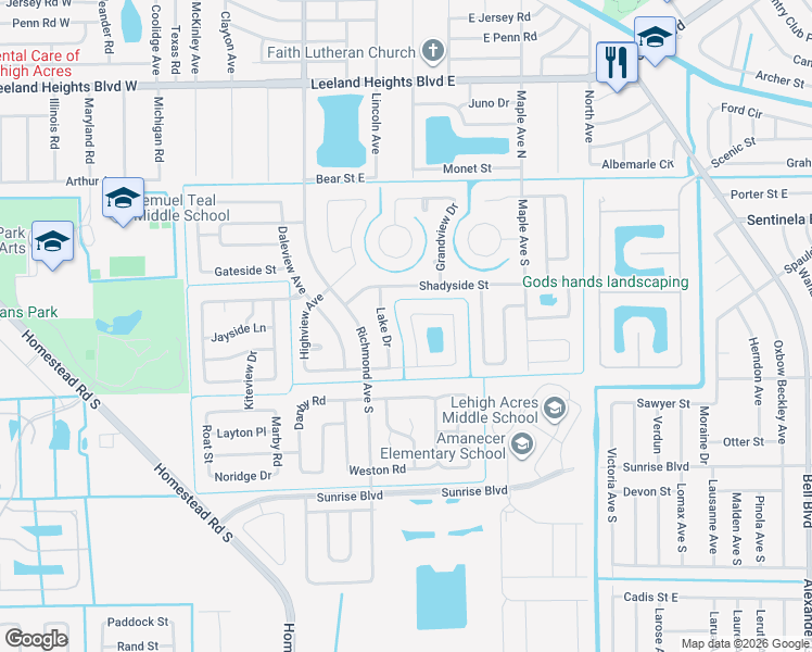 map of restaurants, bars, coffee shops, grocery stores, and more near 215 South Lake Drive in Lehigh Acres
