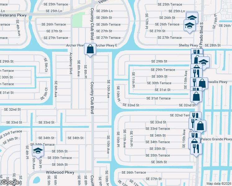 map of restaurants, bars, coffee shops, grocery stores, and more near 3101 Southeast 10th Avenue in Cape Coral