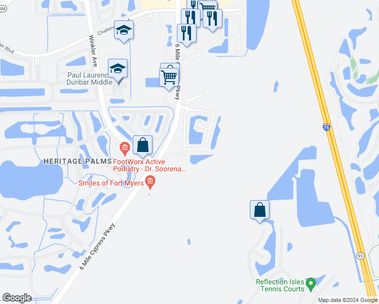 map of restaurants, bars, coffee shops, grocery stores, and more near 10109 Via Colomba Circle in Fort Myers