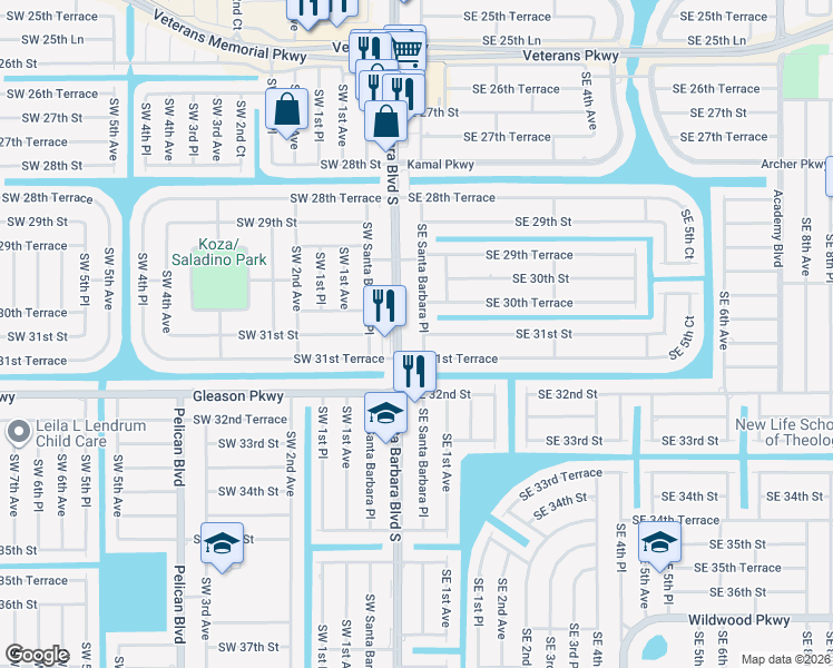 map of restaurants, bars, coffee shops, grocery stores, and more near 3026 Southeast Santa Barbara Place in Cape Coral