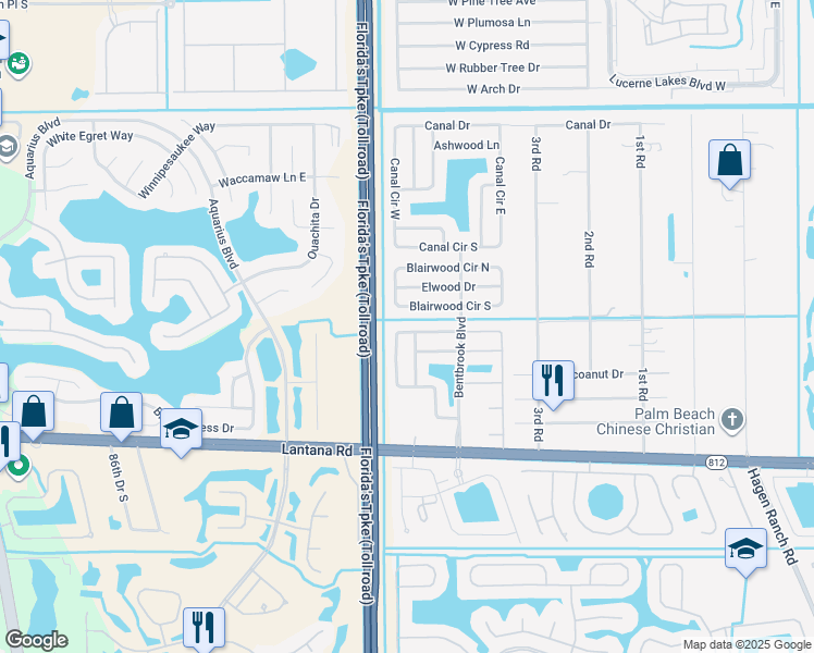 map of restaurants, bars, coffee shops, grocery stores, and more near 7935 Bishopwood Road in Lake Worth
