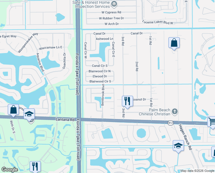 map of restaurants, bars, coffee shops, grocery stores, and more near 7785 Bishopwood Road in Lake Worth