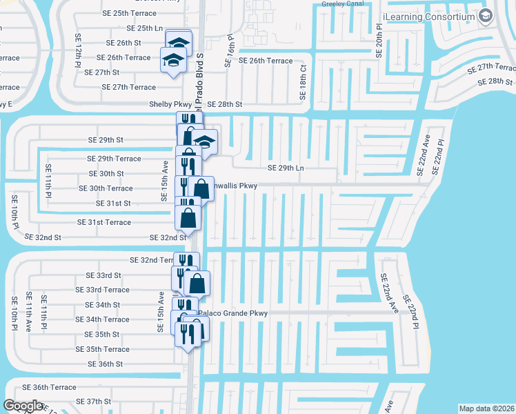 map of restaurants, bars, coffee shops, grocery stores, and more near 3017 Southeast 17th Place in Cape Coral