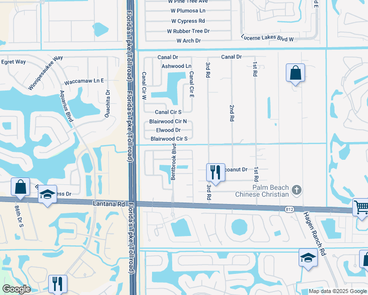 map of restaurants, bars, coffee shops, grocery stores, and more near 7785 Bishopwood Road in Lake Worth