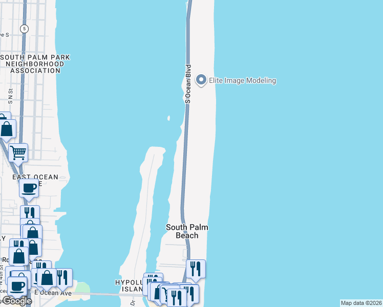 map of restaurants, bars, coffee shops, grocery stores, and more near 3460 South Ocean Boulevard in Palm Beach