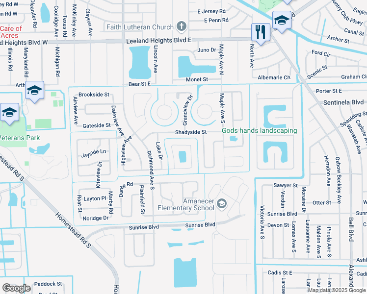 map of restaurants, bars, coffee shops, grocery stores, and more near 222 South Lake Drive in Lehigh Acres