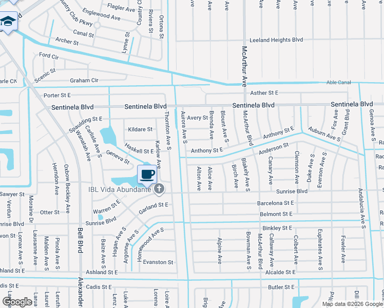 map of restaurants, bars, coffee shops, grocery stores, and more near 912 Anthony Street East in Lehigh Acres