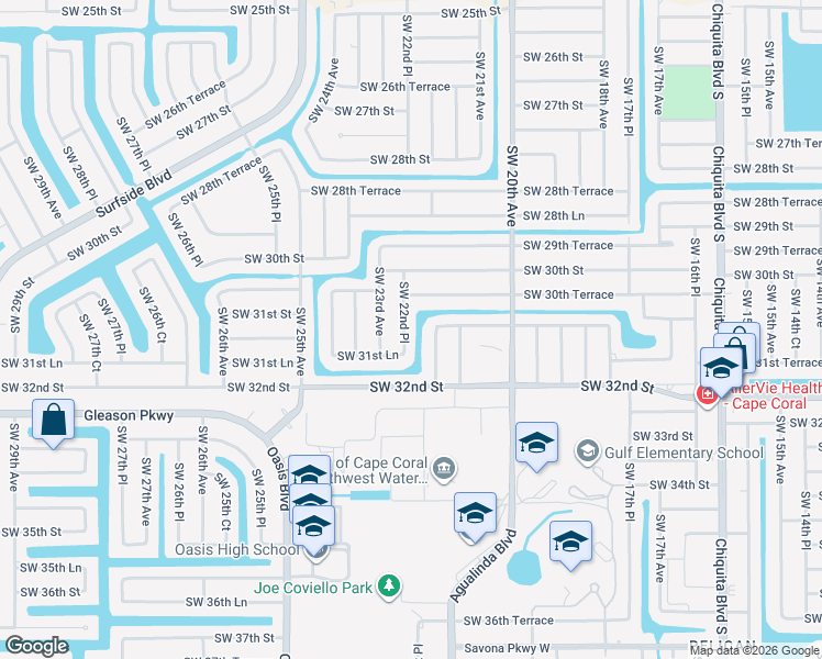 map of restaurants, bars, coffee shops, grocery stores, and more near 3101 Southwest 22nd Place in Cape Coral