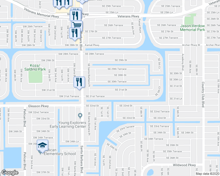 map of restaurants, bars, coffee shops, grocery stores, and more near 219 Southeast 31st Street in Cape Coral