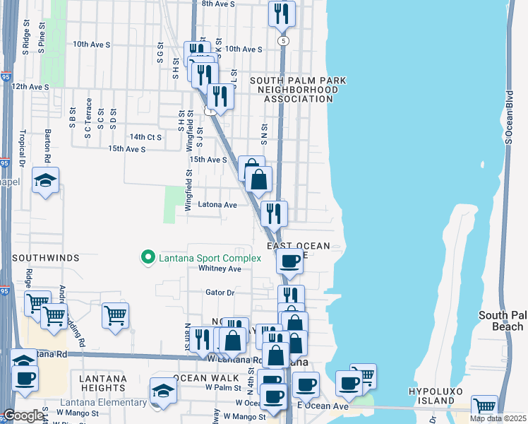 map of restaurants, bars, coffee shops, grocery stores, and more near 1702 South Dixie Highway in Lake Worth