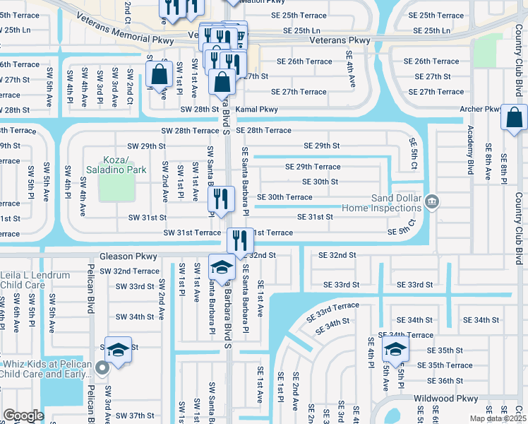 map of restaurants, bars, coffee shops, grocery stores, and more near 131 Southeast 31st Street in Cape Coral