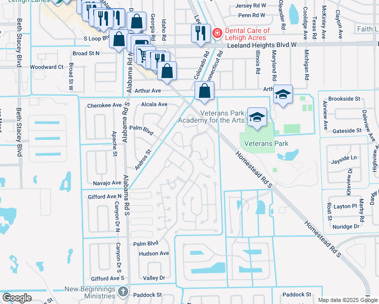 map of restaurants, bars, coffee shops, grocery stores, and more near 40 Pinewood Boulevard in Lehigh Acres
