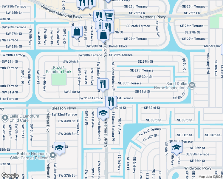 map of restaurants, bars, coffee shops, grocery stores, and more near 3026 Southeast Santa Barbara Place in Cape Coral