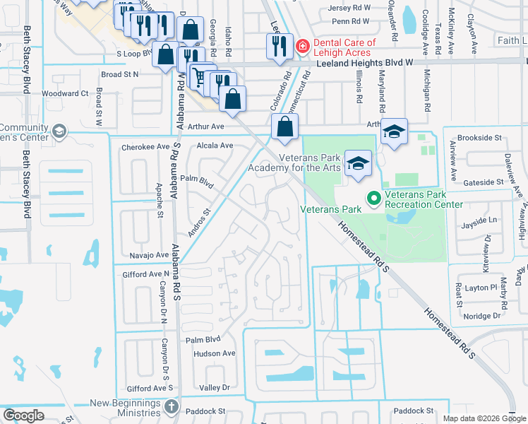 map of restaurants, bars, coffee shops, grocery stores, and more near 40 Pinewood Boulevard in Lehigh Acres