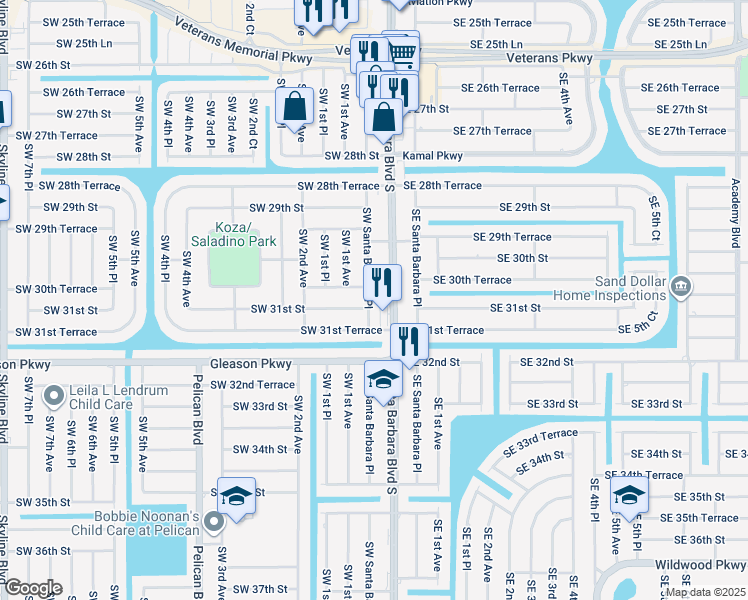 map of restaurants, bars, coffee shops, grocery stores, and more near 3027 Southwest Santa Barbara Place in Cape Coral